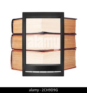 Old paper books stack on electronic book display white background isolated close up, textbooks heap on e-book screen, hardcover books pile & e-reader Stock Photo