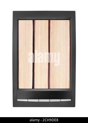 Old paper books stack on electronic book display white background isolated close up, textbooks heap on e-book screen, hardcover books pile & e-reader Stock Photo