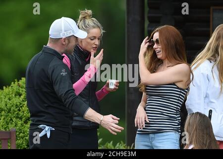 Una Healy (right) talks to Ronan Keating and Storm Keating during the ISPS HANDA Mike Tindall Celebrity Golf Classic in aid of Rugby For Heroes and The Matt Hampson Foundation, at the Belfry Golf & Resort Hotel in Sutton. Stock Photo