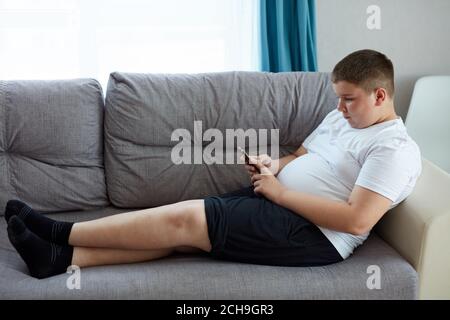 young fat boy chatting with friend, sit with mobile phone, teen boy in domestic wear sits on sofa and look at smartphone. leisure time Stock Photo