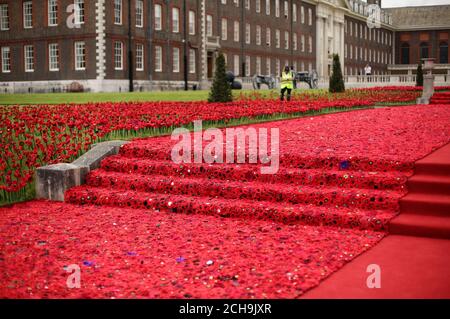 Volunteers put the finishing touches to the 5000 Poppies exhibit - which uses almost 300,000 individually crocheted poppies, covering nearly 2,000sq m (21,000sq ft) in the grounds of the Royal Hospital Chelsea - during a preview day at the Chelsea Flower Show in London. Stock Photo