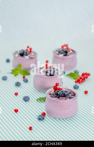 Homemade dessert in glass jars, Blueberry Mouse Stock Photo