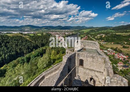 Kysucka Vrchovina mountain range, village of Strecno, Vah river valley, view from Strecno Castle, Zilina Region, Slovakia Stock Photo