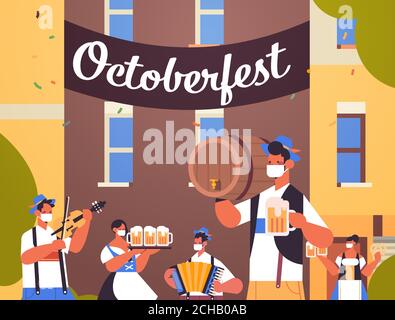 people holding beer mugs and playing musical instruments Oktoberfest party celebration concept men women having fun ityscape portrait vector illustration Stock Vector