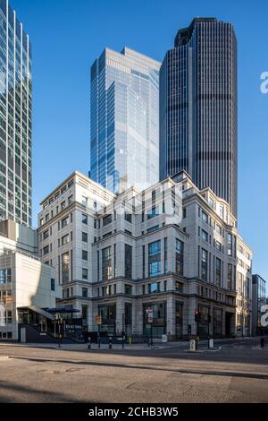 View of northern western elevation from junction of London Wall and Old Broad Street, Tower 42 rises to the right. City of London lockdown 2020 - 22 B Stock Photo