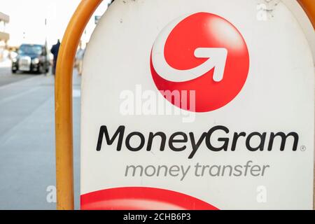 London- September 2020: Moneygram sign on London street, a financial services company specialising in the transfer of money Stock Photo