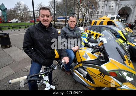 Olympic Gold medal winning cyclist Chris Boardman and Isle of Man TT winner John McGuinness at the launch of the 'Think Bikes' awareness campaign in central London where one million free stickers will be distributed to drivers as a reminder to do a 'double-take' in their mirrors for cycles and motorcycles in their blind spots. Stock Photo