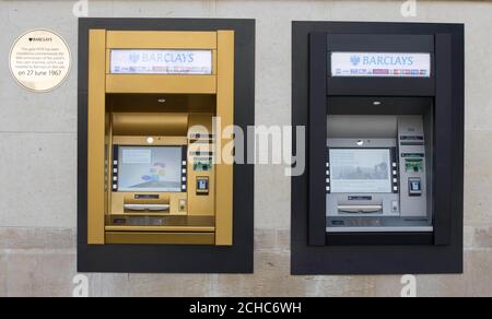 Barclays unveils a gold ATM at its Enfield branch in London to commemorate the 50th anniversary of the world's first cash machine, installed by the bank at the same site on 27th June 1967. Stock Photo