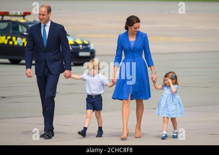 The Duke and Duchess of Cambridge, Prince George and Princess Charlotte depart from Chopin airport, in Warsaw, on day three of their five-day tour of Poland and Germany. PRESS ASSOCIATION Photo. Picture date: Wednesday July 19, 2017. See PA story ROYAL Cambridge. Photo credit should read: Dominic Lipinski/PA Wire Stock Photo