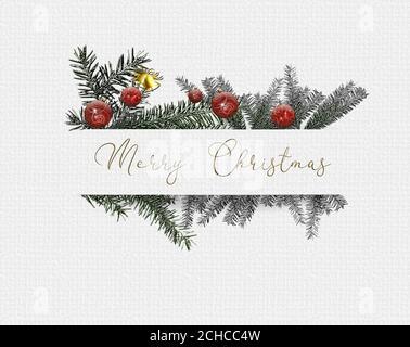 Christmas New Year design with gold red border of baubles and fir branches in the paper stripe on white background. Text Merry Christmas. 3D illustration Stock Photo