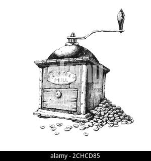 Old coffee grinder. Hand-drawn black and white illustration. Jpeg only Stock Photo
