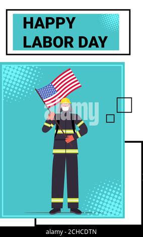 firefighter in uniform holding USA flag labor day celebration concept fireman wearing mask to prevent coronavirus pandemic full length vertical vector illustration Stock Vector