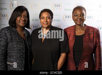 EDITORIAL USE ONLY left-right Jacky Wright CIO at HMRC, Carol Lake head of international markets corporate responsibility at JP Morgan and Baroness Valerie Amos attend the launch of the Green Park BAME 100 Board Talent Index, at a private viewing of the Jean-Michel Basquiat Boom for Real exhibition at London&Otilde;s Barbican.  Stock Photo