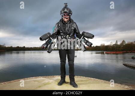 Richard Browning, founder and pilot at Gravity Industries Ltd, sets the Guinness World Record for 'the fastest speed in a body-controlled jet engine power suit', at Lagoona Park in Reading, in celebration of Guinness World Records Day 2017. Stock Photo