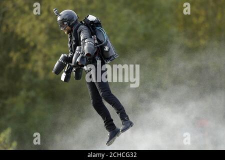 EDITORIAL USE ONLY Richard Browning, founder and pilot at Gravity Industries Ltd, sets the Guinness World Record for 'the fastest speed in a body-controlled jet engine power suit', at Lagoona Park in Reading, in celebration of Guinness World Records Day 2017. Stock Photo