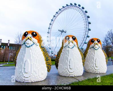 EDITORIAL USE ONLY Three Porgs, the latest characters to join the Star Wars universe, appear in Trafalgar Square to launch the latest LEGO product range ahead of Christmas.  Stock Photo