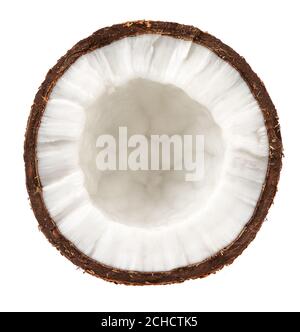 Half coconut isolated on white. Top view of coconut. Stock Photo