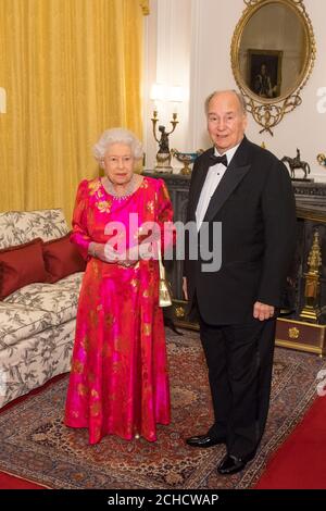 Queen Elizabeth II with the Aga Khan in the Oak Room at Windsor Castle before a private dinner to mark the diamond jubilee of the Aga Khan's leadership as Imam of the Shia Ismaili Muslim Community. PRESS ASSOCIATION Photo. Picture date: Thursday March 8, 2018. Photo credit should read: Dominic Lipinski/PA Wire Stock Photo