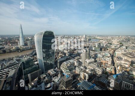 View from top of the Scalpel looking west along the River Thames. The Walkie-Talkie is prominent in the foreground. London Cityscapes and Skyline  201 Stock Photo