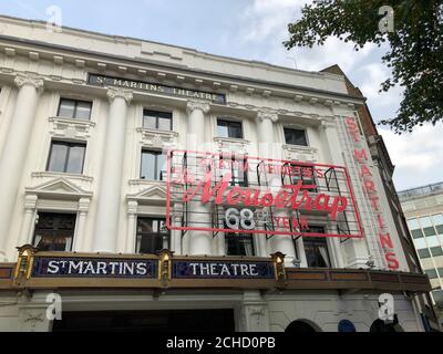 THE MOUSETRAP, the world's longest-running show, will re-open at the St. Martin’s Theatre in London's West End on 23rd October 2020 with reduced audience numbers to comply with social distancing measures . Its 67-year record-breaking run was halted on 16th March 2020 when all UK theatres closed on government advice in response to the Covid-19 pandemic Stock Photo