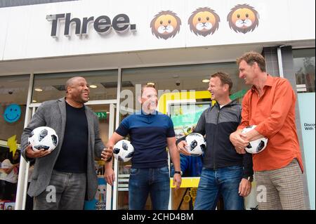 EDITORIAL USE ONLY (Left to right) Former England Footballers John Barnes, Ray Parlour, Teddy Sheringham and Tony Adams at the unveiling of a Three UK store in Islington, London, which has been rebranded to feature three emoji lions, in celebration of the upcoming football tournament in Russia. Stock Photo