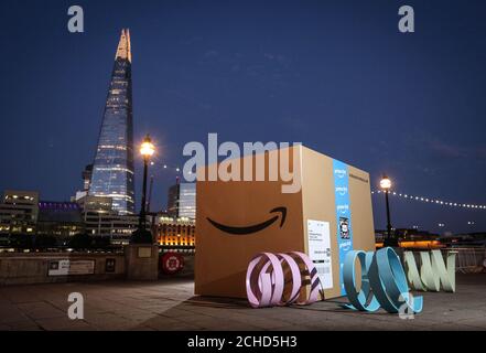 A 10ft x 10ft delivery box arrives in London to announce Amazon Prime Day, which is 36 hours of discounts and deals kicking off midday Monday 16th July. Stock Photo