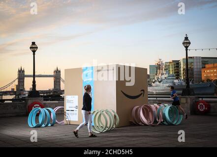 A 10ft x 10ft delivery box arrives in London to announce Amazon Prime Day, which is 36 hours of discounts and deals kicking off midday Monday 16th July. Stock Photo