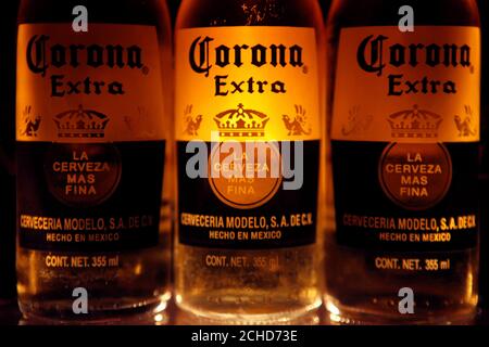 Bottles of Corona beer, the flagship brand of Group Modelo, are pictured at  a restaurant in Mexico City, Mexico January 27, 2017. REUTERS/Henry Romero  Stock Photo - Alamy