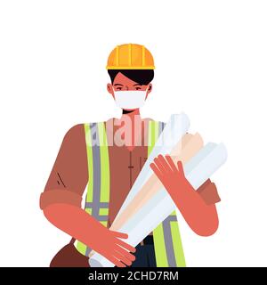 male engineer architect with blueprints wearing mask to prevent coronavirus pandemic labor day celebration concept portrait isolated vector illustration Stock Vector