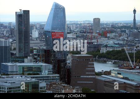 (Left to right) The South Bank Tower, One Blackfriars, Tate Modern, Centrepoint and the BT Tower as seen from the roof of Guy's Hospital, London. Stock Photo