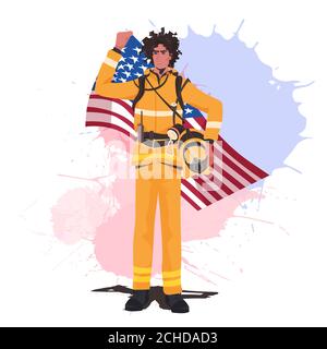 firefighter in uniform holding USA flag happy labor day celebration concept fireman in protection suit full length vector illustration Stock Vector