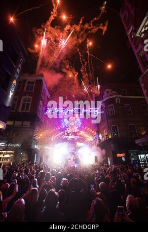 Brian May and Roger Taylor help to launch a light installation celebrating the Queen song Bohemian Rhapsody at Carnaby Street in London. The lights featuring Freddie Mercury's lyrics will illuminate the street until January, in honour of the upcoming movie. Stock Photo