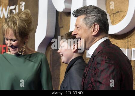 left-right Lorraine Ashbourne, Louis Ashbourne Serkis and Andy Serkis arrive at the premiere of Mowgli: Legend of the Jungle at Curzon Mayfair Stock Photo