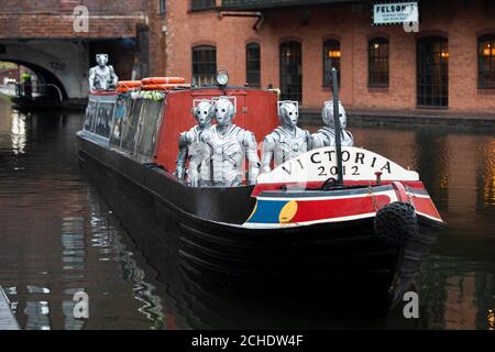 EDITORIAL USE ONLY Cybermen arrive in Birmingham to mark the release of the first round of tickets going on sale for BBC Studios and Escape Hunt's forthcoming Doctor Who Live Escape Game - Worlds Collide, which opens in the city in January. Stock Photo