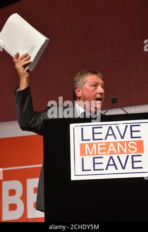 DUP's Brexit spokesman Sammy Wilson speaks at a Leave Means Leave 'Save Brexit' rally at the Queen Elizabeth II Conference Centre in central London. Stock Photo