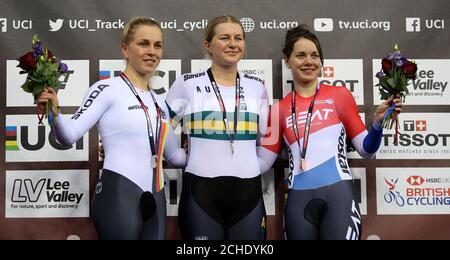 (Left to right) Emma Hinze of Germany, Stephanie Morton of Australia and Laurine Van Riessen of Netherlands during the medal ceremony for the Women's Sprint finals during day two of the Tissot UCI Track Cycling World Cup at Lee Valley VeloPark, London. Stock Photo