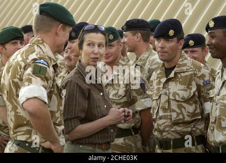 HRH Princess Royal talking to members of the Commando Logistic Regiment Royal Marines at Kandahar Airfield during her visit to Afghanistan. Stock Photo