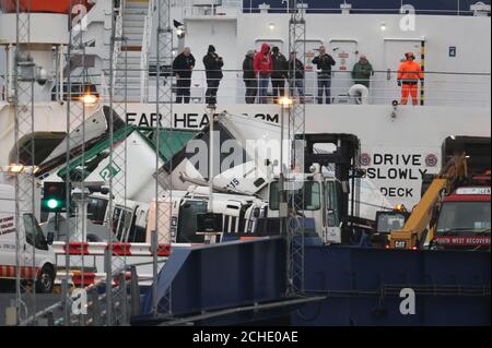 Toppled lorries on board the European Causeway, a P&O Ferry which was travelling from Larne in Northern Ireland to Cairnryan Ferry Terminal, Wigtownshire, when it was caught in high winds. Stock Photo