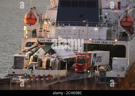 Toppled lorries on board the European Causeway, a P&O Ferry which was travelling from Larne in Northern Ireland to Cairnryan Ferry Terminal, Wigtownshire, when it was caught in high winds. Stock Photo