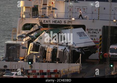 Toppled lorries on board the European Causeway, a P&O Ferry which was travelling from Larne in Northern Ireland to Cairnryan Ferry Terminal, Wigtownshire, when it was caught in high winds. Stock Photo