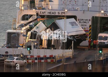 Toppled lorries on board the European Causeway, a P&O Ferry which was travelling from Larne in Northern Ireland to Cairnryan Ferry Terminal, Wigtownshire, when it was caught in high winds. Stock Photo