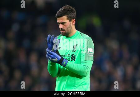 Liverpool goalkeeper Alisson Becker during the Premier League match at the Etihad Stadium, Manchester. Stock Photo