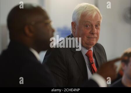 Former universities minister Sam Gyimah (left) and former Tory minister and Hong Kong governor Lord Patten during a Q & A after speaking at a People's Vote event at Coin Street Neighbourhood Centre, central London. Stock Photo