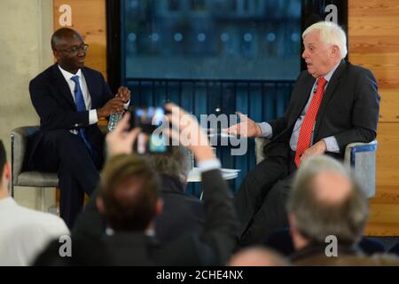 Former universities minister Sam Gyimah (left) and former Tory minister and Hong Kong governor Lord Patten during a Q & A after speaking at a People's Vote event at Coin Street Neighbourhood Centre, central London. Stock Photo