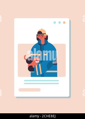 firefighter in uniform holding little cat labor day concept fireman in web browser window online communication self isolation concept portrait vertical vector illustration Stock Vector