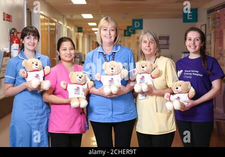 EMBARGOED TO 0001 WEDNESDAY MAY 8 EDITORIAL USE ONLY Royal Surrey Maternity Staff (left to right) Sarah Borders, Nitu Pun, Tracy Thompson, Tina Harding and fundraiser Holly Bird with a delivery of toy bears at the Royal Surrey County Hospital in Guildford as the Build-A-Bear workshop celebrates the historic birth of the latest royal by delivering 1,000 bears to new-borns at 10 royal hospitals, infirmaries and maternity units across the UK.  Stock Photo