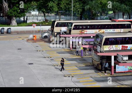 Public buses parked at Yuen Long West Bus Terminus, New Territories, Hong Kong Stock Photo