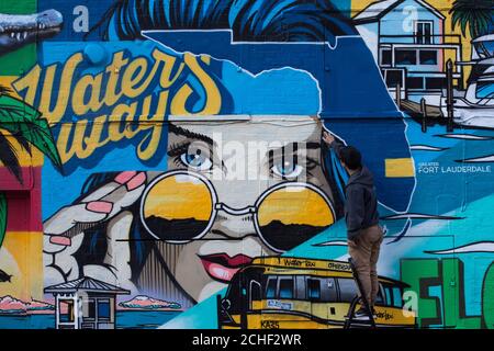 UK street artists the Graffiti Kings have collaborated with Greater Fort Lauderdale artist Ruben Ubiera to create a new art mural, to launch the ???Visit Lauderdale x London Art Swap??? in Shoreditch, London. Stock Photo