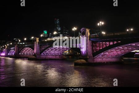 A general view of Southwark Bridge, which is one of the four bridges that have been transformed to launch the first phase of Illuminated River, an ambitious new public art commission for London that will eventually see up to 15 bridges lit along the Thames. PRESS ASSOCIATION. Issue date: Wednesday July 17, 2019. Conceived by American artist Leo Villareal, and British architectural practice Lifschutz Davidson Sandilands, Illuminated River is a philanthropically-funded initiative supported by the Mayor of London and delivered by the Illuminated River Foundation. It is the firs Stock Photo