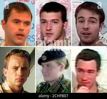 Composite image of some of the service personnel being held in Iran, top row left to right: Royal Marine Captain Chris Air, Nathan Thomas Summers, and Lieutenant Felix Carman. Bottom row from left: Mark Banks, Leading Seaman Faye Turney and Adam Sperry. Stock Photo